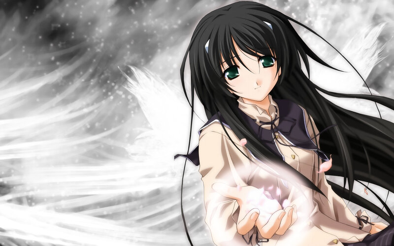 Anime Girl with Wings — Black, Serene, Green Eyes