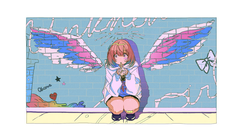 Anime Girl with Wings — Blue, Calm, Digital Art, Drink