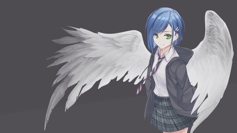 Anime Girl with Wings — Blue, Calm, Digital Art, School Uniform