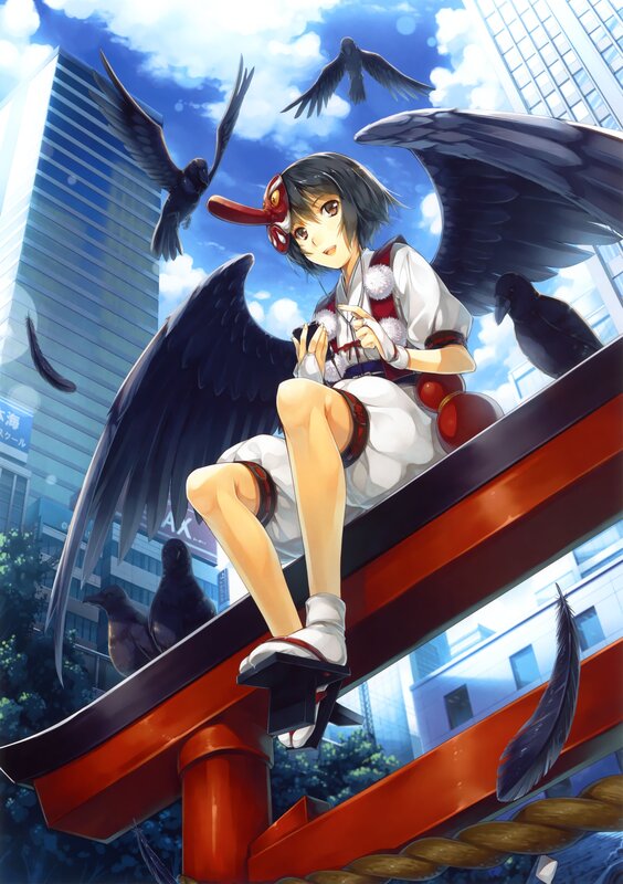 Anime Girl with Wings — Blue, Dramatic, Afternoon, Digital Art, Crows, Torii Gate