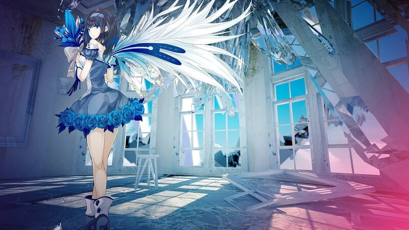 Anime Girl with Wings — Blue, Dramatic, Afternoon, Digital Art, Flowers, Broken Glass