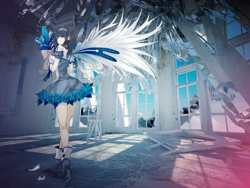 Anime Girl with Wings — Blue, Dramatic, Afternoon, Digital Art