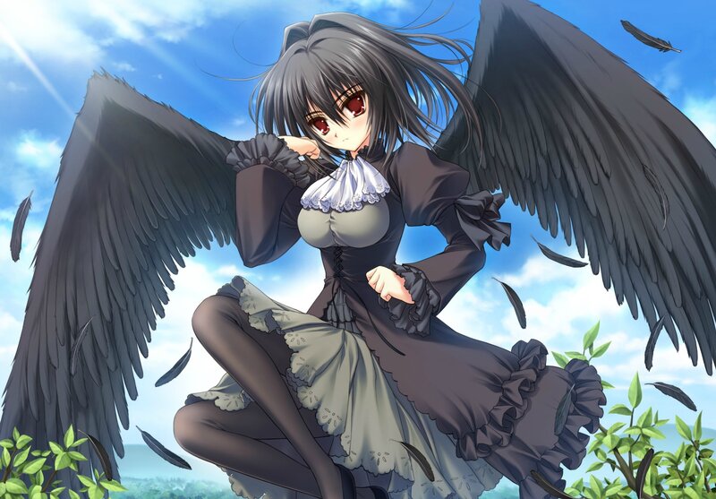 Anime Girl with Wings — Blue, Dramatic, Afternoon, Feathers