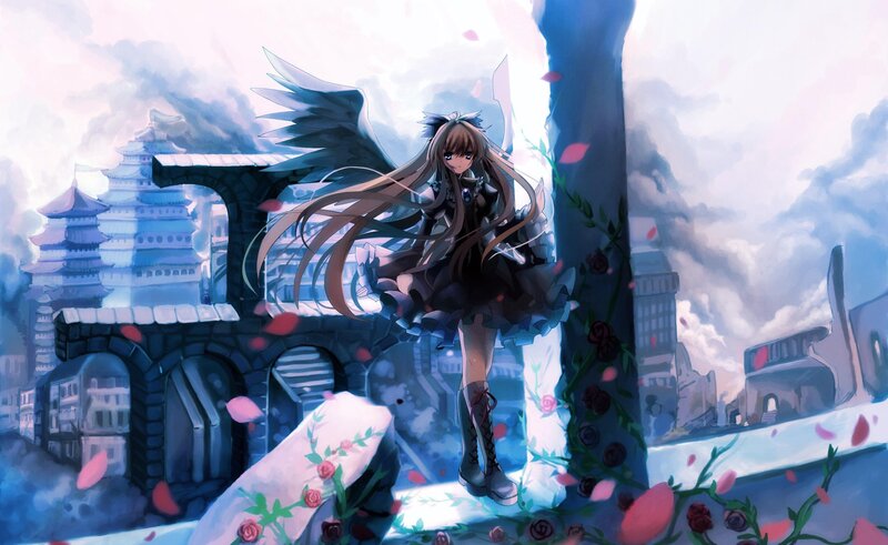 Anime Girl with Wings — Blue, Dramatic, Digital Art, Castle