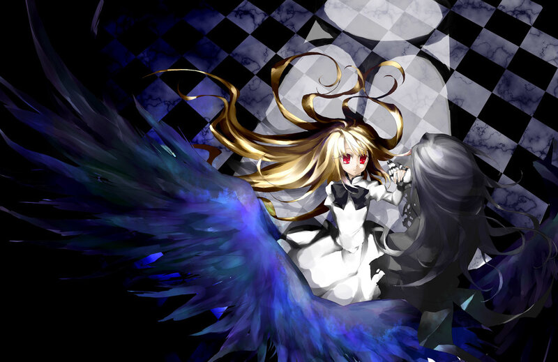 Anime Girl with Wings — Blue, Dramatic, Digital Art, Checkered Background