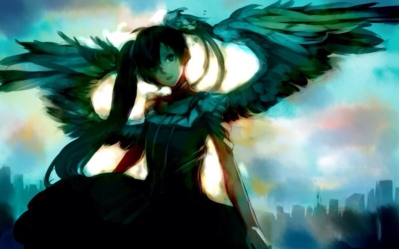 Anime Girl with Wings — Blue, Dramatic, Digital Art, Cityscape