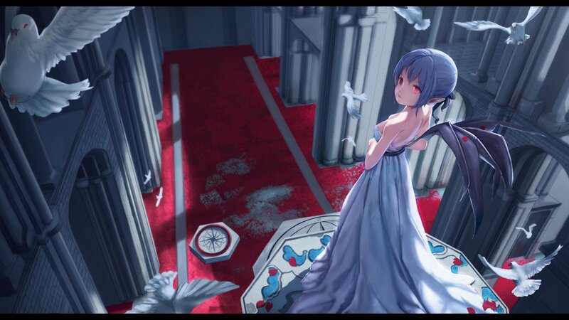 Anime Girl with Wings — Blue, Dramatic, Digital Art, Doves
