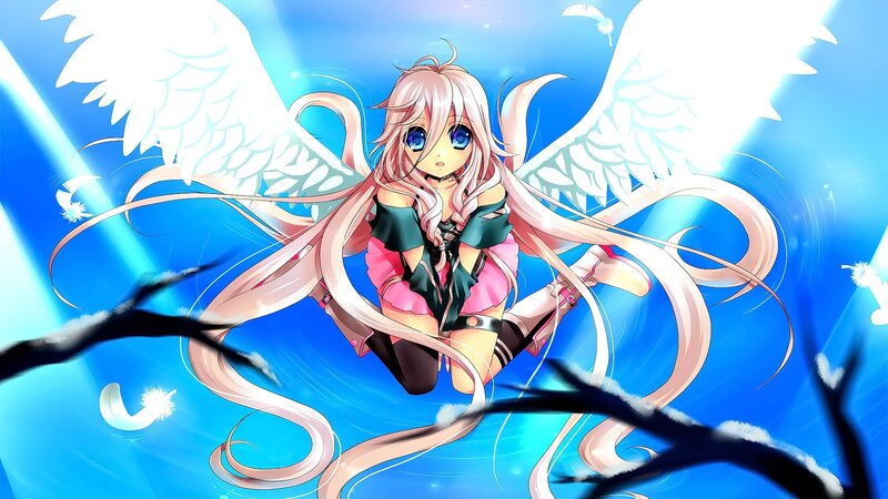 Anime Girl with Wings — Blue, Dramatic, Digital Art, Feathers, Branches
