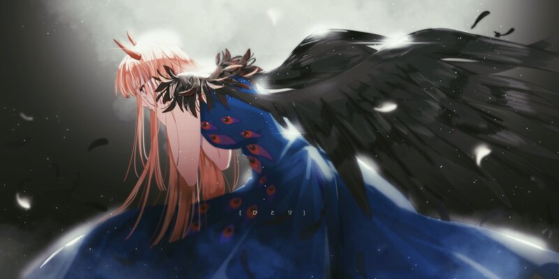 Anime Girl with Wings — Blue, Dramatic, Digital Art, Feathers, Dress