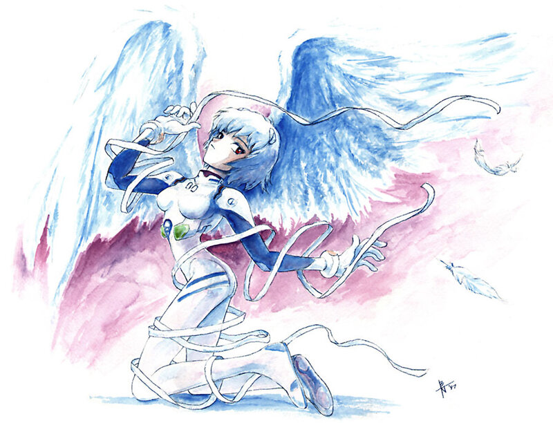 Anime Girl with Wings — Blue, Dramatic, Digital Art, Feathers