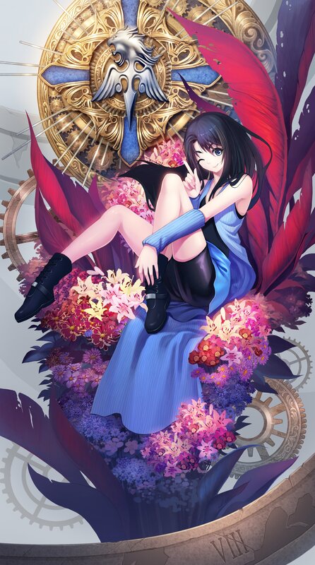 Anime Girl with Wings — Blue, Dramatic, Digital Art, Flowers, Clockwork