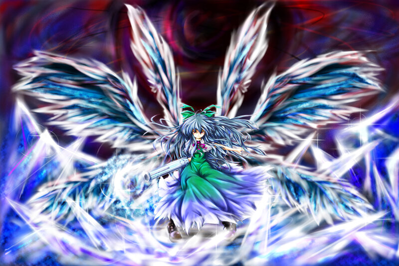 Anime Girl with Wings — Blue, Dramatic, Digital Art, Gun