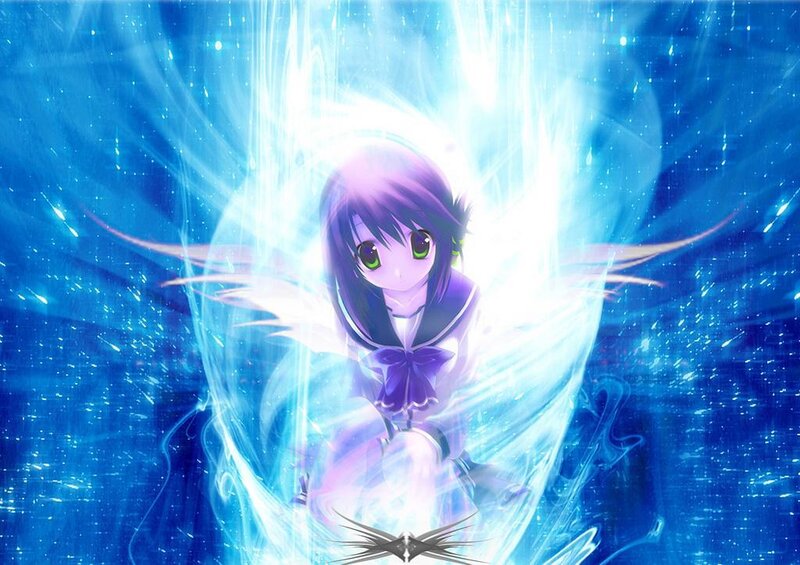 Anime Girl with Wings — Blue, Dramatic, Digital Art, Light Effect
