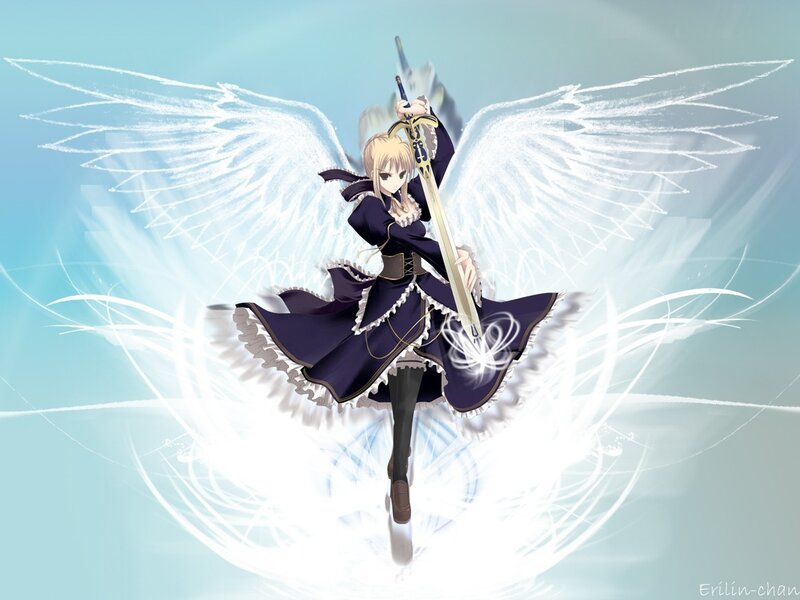 Anime Girl with Wings — Blue, Dramatic, Digital Art, Sword