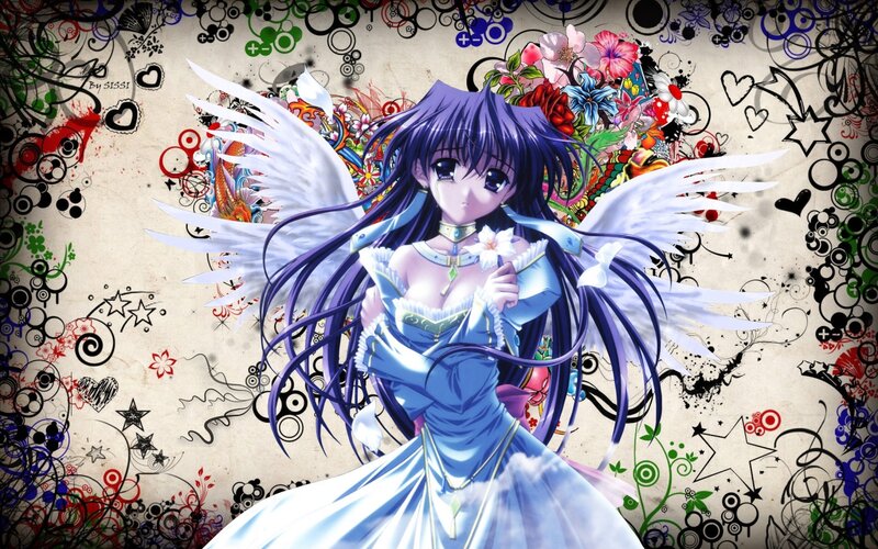 Anime Girl with Wings — Blue, Dramatic, Flowers