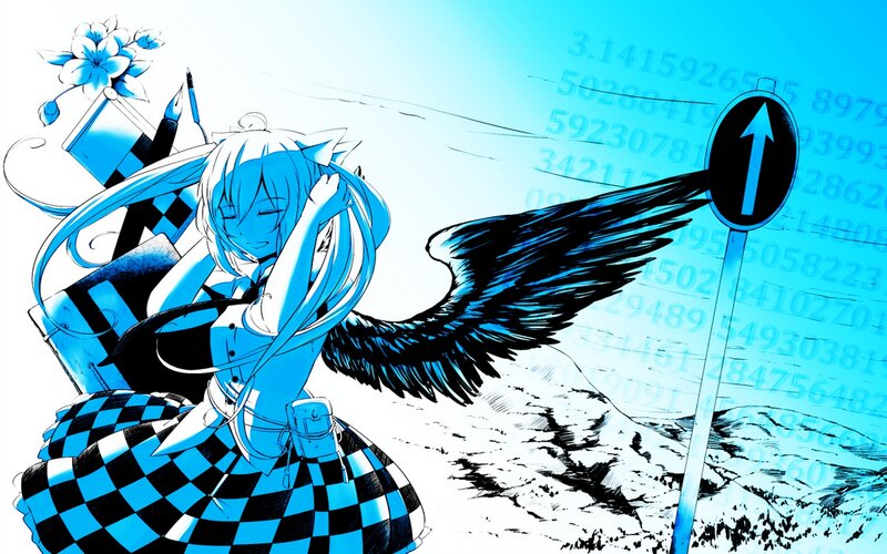 Anime Girl with Wings — Blue, Dramatic, Manga, Checkered Dress