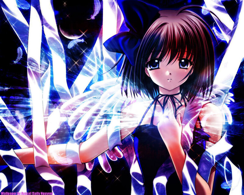 Anime Girl with Wings — Blue, Dramatic, Night, Bow