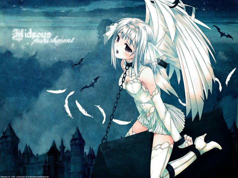 Anime Girl with Wings — Blue, Dramatic, Night, Castle