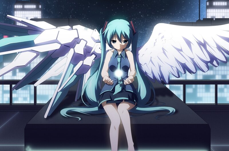 Anime Girl with Wings — Blue, Dramatic, Night, Cityscape