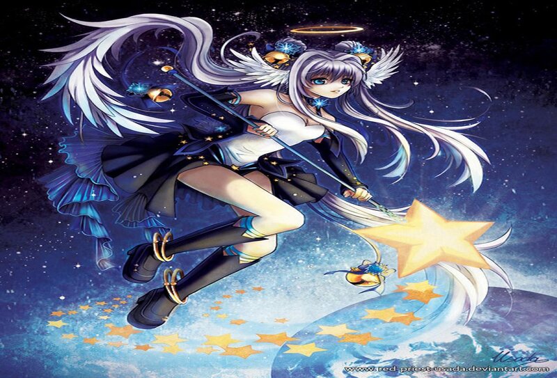Anime Girl with Wings — Blue, Dramatic, Night, Digital Art, Angel Wings