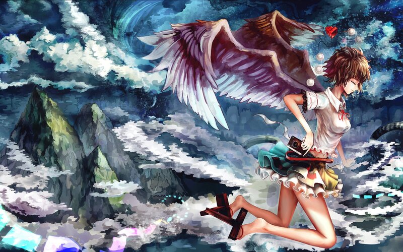 Anime Girl with Wings — Blue, Dramatic, Night, Digital Art, Camera