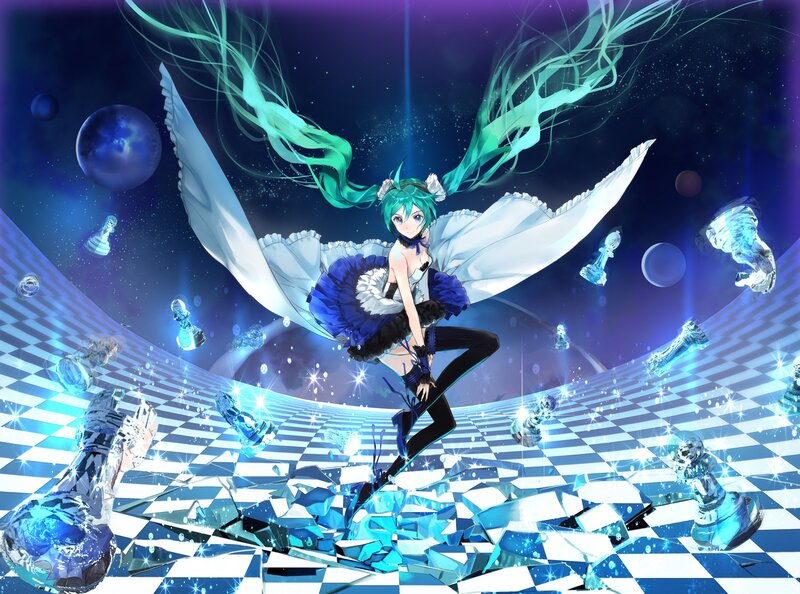 Anime Girl with Wings — Blue, Dramatic, Night, Digital Art, Chess Pieces, Planets