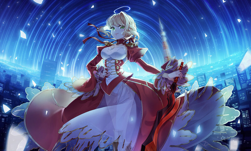 Anime Girl with Wings — Blue, Dramatic, Night, Digital Art, Cityscape, Tower