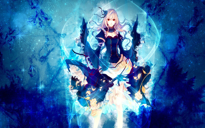 Anime Girl with Wings — Blue, Dramatic, Night, Digital Art, Dress