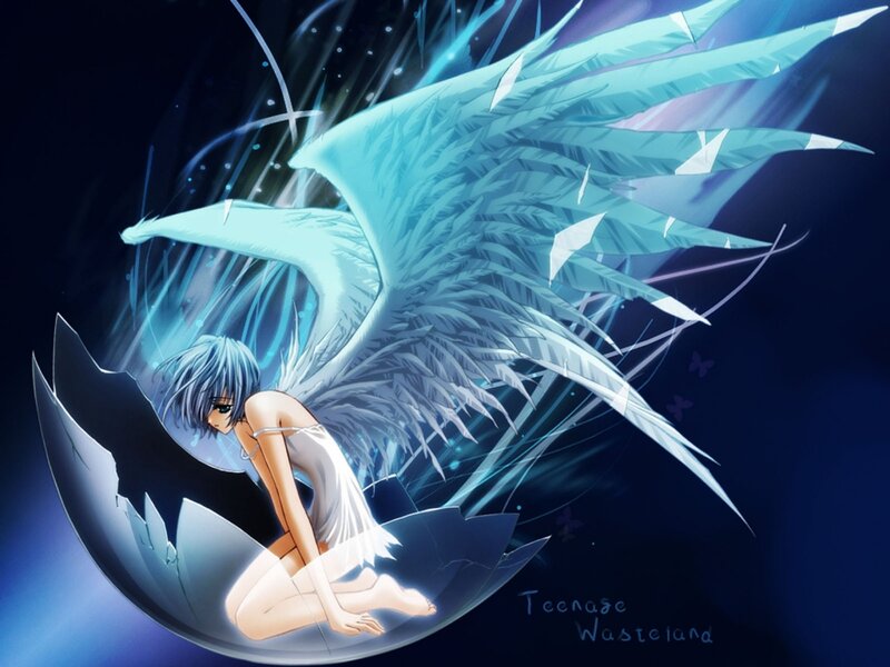 Anime Girl with Wings — Blue, Dramatic, Night, Digital Art, Eggshell
