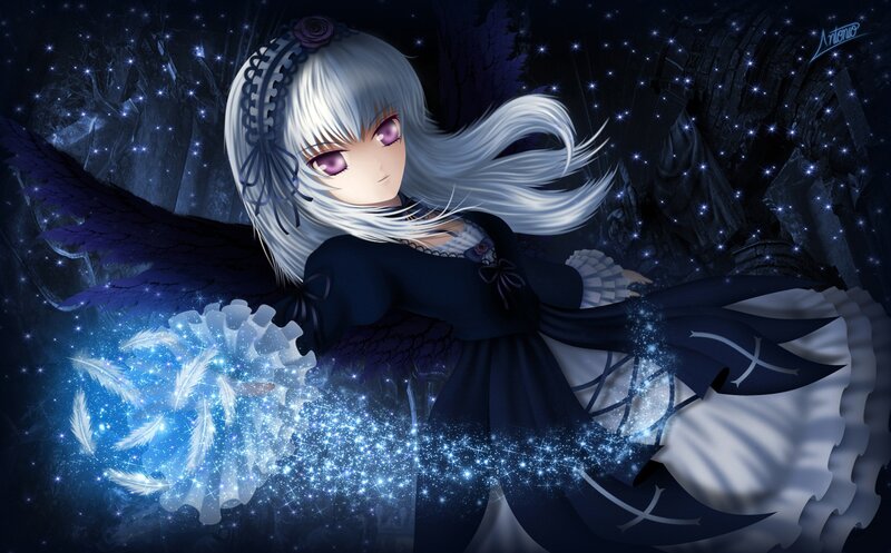 Anime Girl with Wings — Blue, Dramatic, Night, Digital Art, Feathers