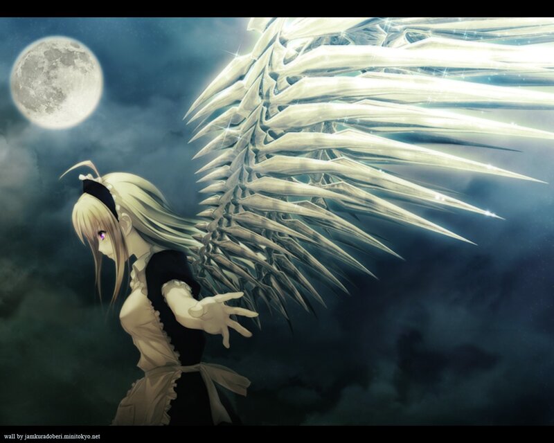Anime Girl with Wings — Blue, Dramatic, Night, Digital Art, Moon, Clouds