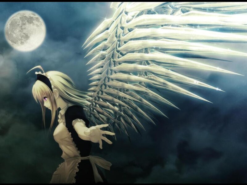 Anime Girl with Wings — Blue, Dramatic, Night, Digital Art, Moon, Night Sky