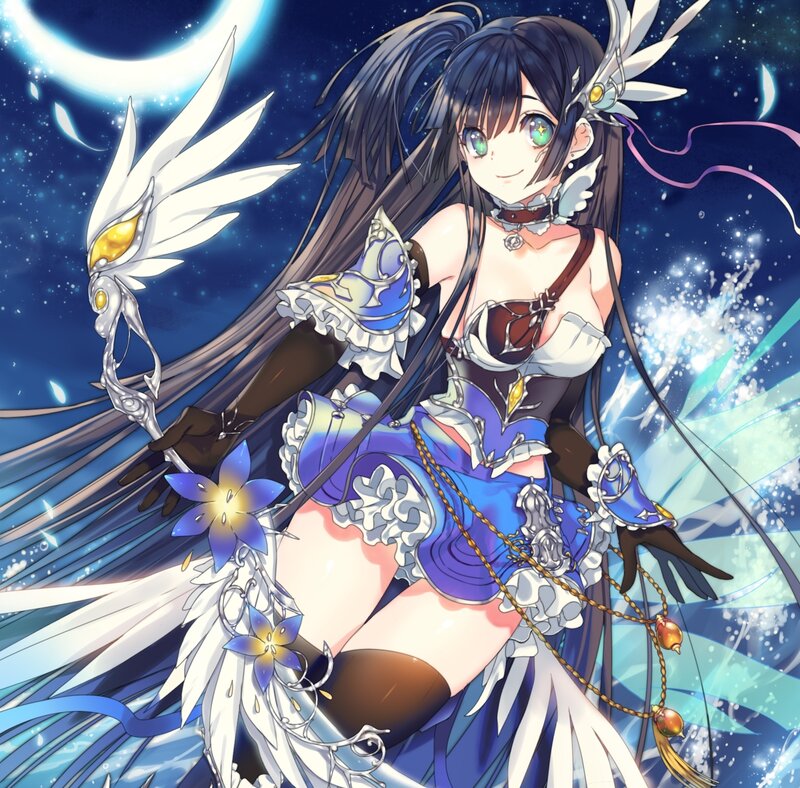 Anime Girl with Wings — Blue, Dramatic, Night, Digital Art, Moon, Stars, Scepter