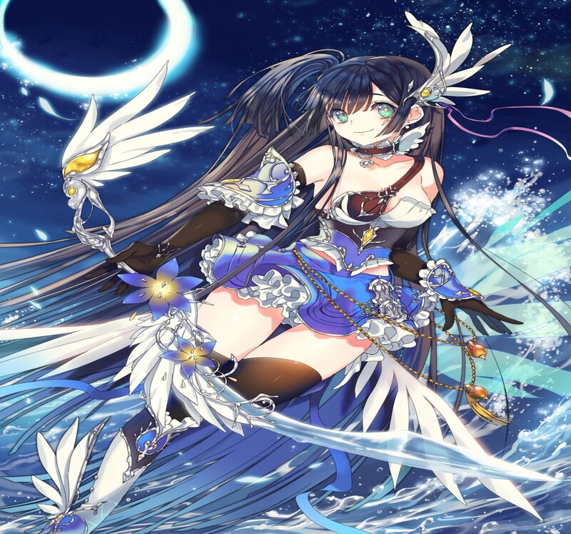 Anime Girl with Wings — Blue, Dramatic, Night, Digital Art, Moon, Stars