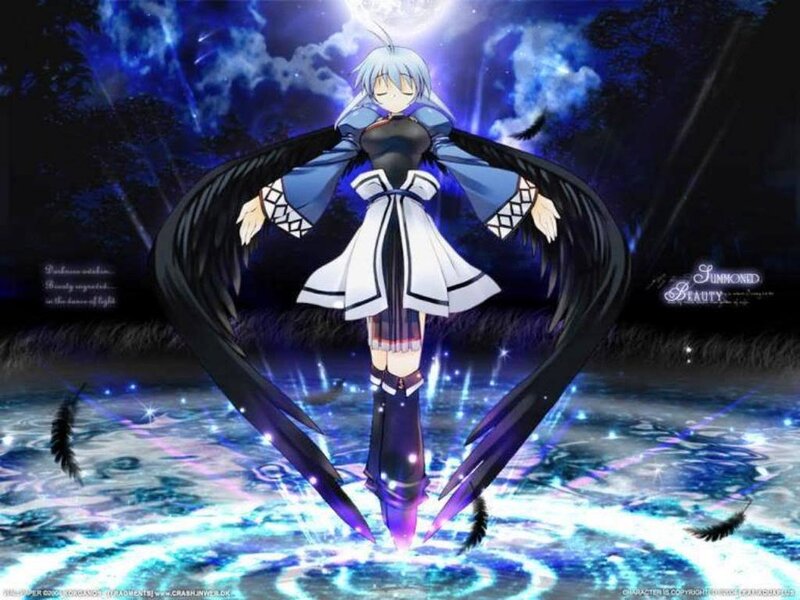 Anime Girl with Wings — Blue, Dramatic, Night, Digital Art, Moon, Water