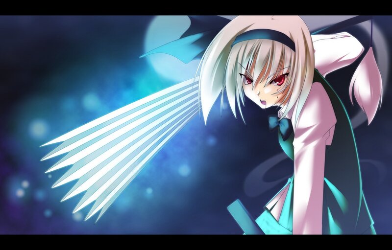 Anime Girl with Wings — Blue, Dramatic, Night, Digital Art, Red Eyes