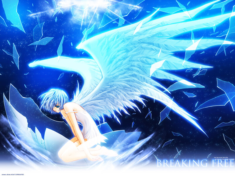 Anime Girl with Wings — Blue, Dramatic, Night, Digital Art, Shattered Glass