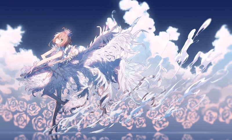 Anime Girl with Wings — Blue, Dramatic, Night, Digital Art, Staff, Clouds