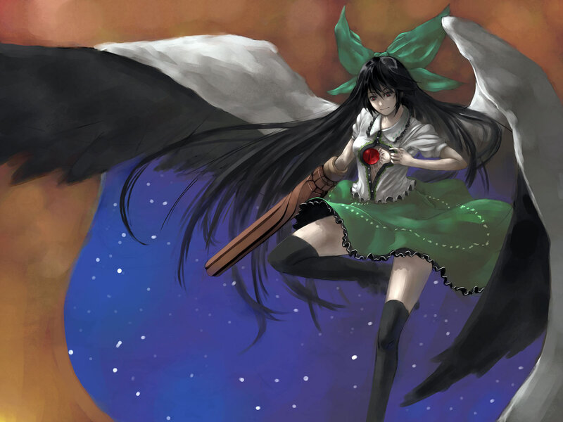 Anime Girl with Wings — Blue, Dramatic, Night, Digital Art, Sword, Green Bow