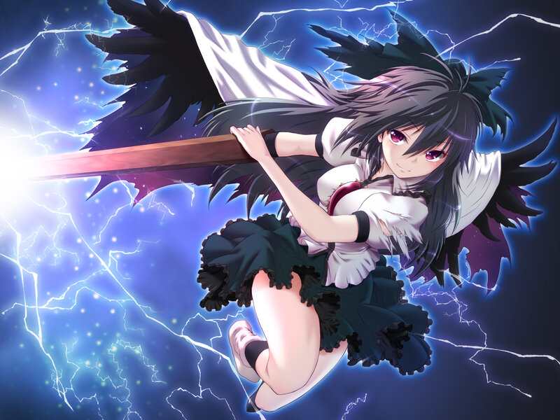 Anime Girl with Wings — Blue, Dramatic, Night, Digital Art, Sword, Lightning