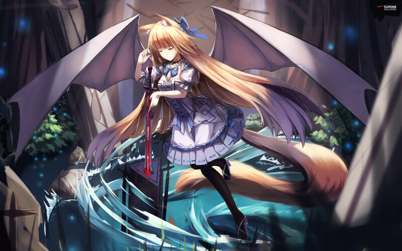 Anime Girl with Wings — Blue, Dramatic, Night, Digital Art, Sword, Tail