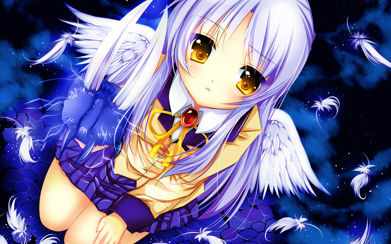 Anime Girl with Wings — Blue, Dramatic, Night, Feathers