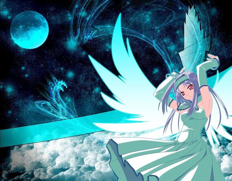 Anime Girl with Wings — Blue, Dramatic, Night, Moon, Clouds
