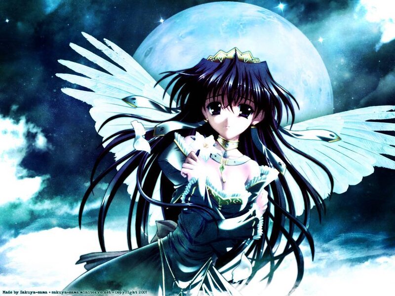 Anime Girl with Wings — Blue, Dramatic, Night, Moon