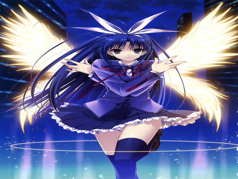 Anime Girl with Wings — Blue, Dramatic, Night, School Uniform