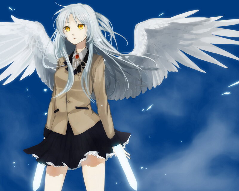 Anime Girl with Wings — Blue, Dramatic, Night, School Uniform, Yellow Eyes