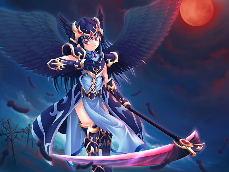 Anime Girl with Wings — Blue, Dramatic, Night, Scythe