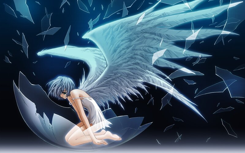 Anime Girl with Wings — Blue, Dramatic, Night, Shattered Glass, Eggshell
