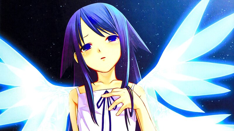 Anime Girl with Wings — Blue, Dramatic, Night, Stars