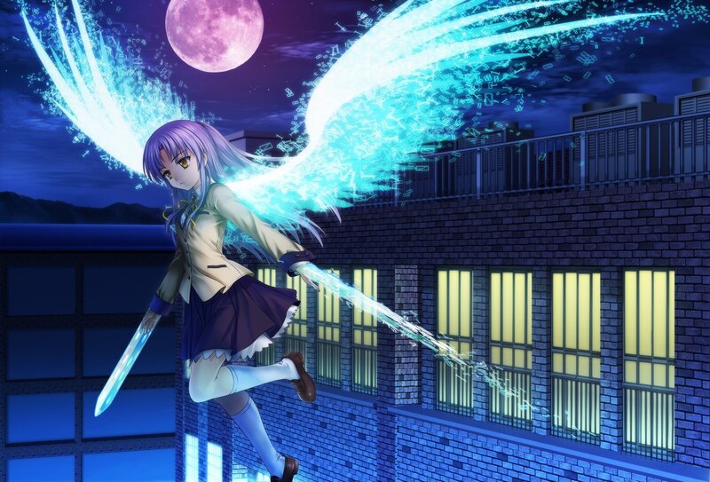 Anime Girl with Wings — Blue, Dramatic, Night, Sword, Moon, Building
